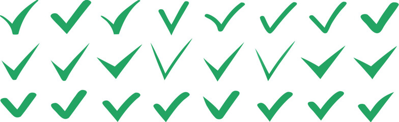 Green check mark icon set, hand-drawn checkmark illustration, approval check icon isolated on transparent green check mark symbols 

