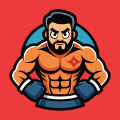 Cartoon boxer with muscular physique and determined expression standing ready for a fight or training