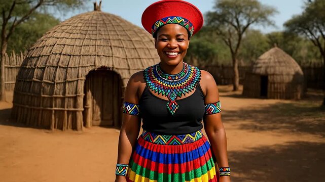 Smiling African Woman in Vibrant Traditional Ndebele Dress from an African Village, Adorned with Colorful Beads and a Red Headpiece, Showcasing Ric...