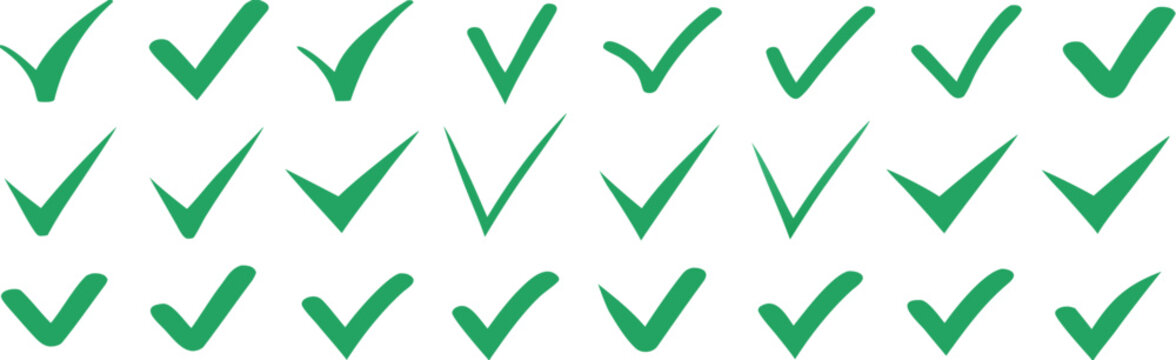 Green check mark icon set, hand-drawn checkmark illustration, approval check icon isolated on transparent green check mark symbols 
