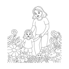 Mother And Daughter Smiling in a Lush Flower Garden Illustration