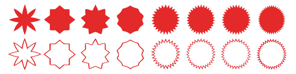 Set of red starburst, sunburst badges. Design elements for sale sticker, price tag and quality mark. Star burst shape abstract shape element. Special offer price tags. Starburst promotional 
