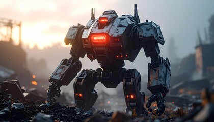 Aggressive futuristic robot warrior in a postapocalyptic landscape