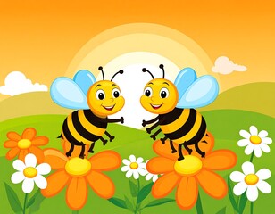 Obraz premium Two happy bees on flowers in a grassy field at sunset