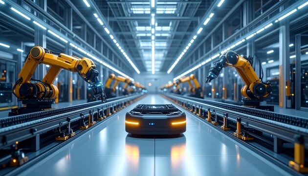 Robotic arms and autonomous vehicle in a modern factory