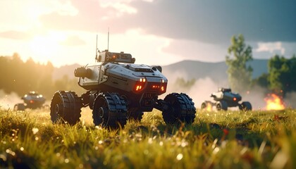 Advanced robot vehicle exploring a grassy field with other robots