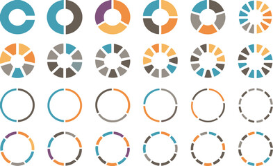 Pie chart set, segmented circle icons, circle diagram. Pie chart divided 1,2,3,4,5,6 equal parts. Infographic wheel segment or sections parts. Vector illustration