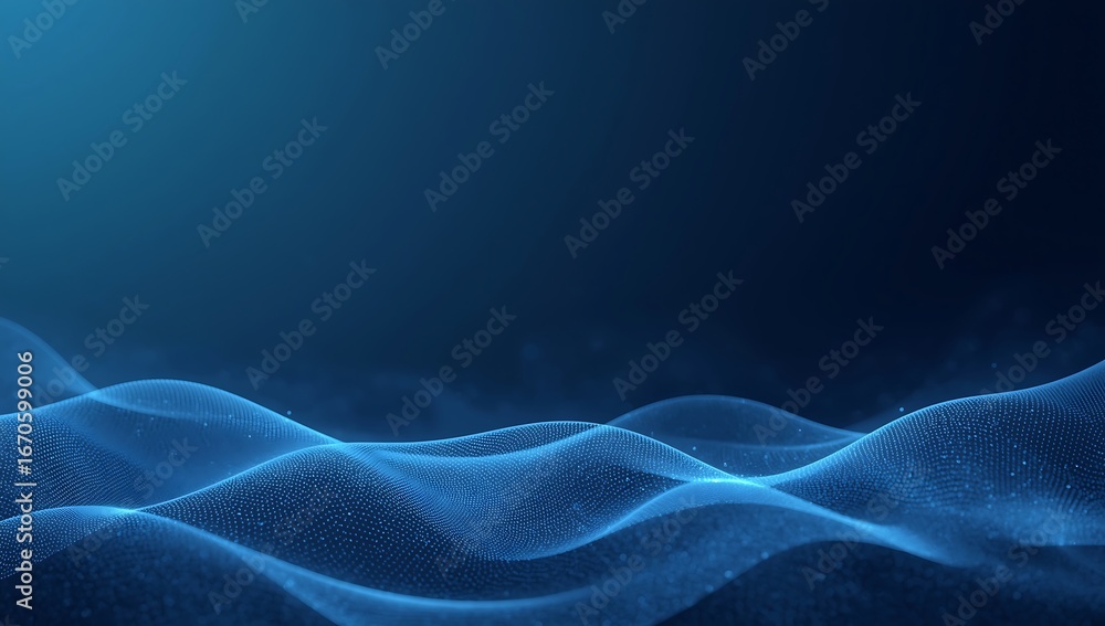 Poster abstract blue digital wave with connecting dots and lines on dark background, representing technolog