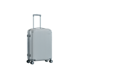 Pristine, modern, white hardshell suitcase with extended handle, standing upright in a bright, minimalist architectural lobby with soft diffused daylight and bokeh, concept of professional readiness