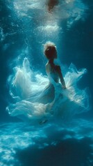 Fototapeta premium A woman in a flowing white dress swims underwater, creating an ethereal scene.