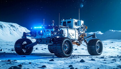 Exploration rover on moon surface with blue lights at night