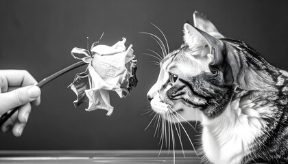 Naklejka na ściany i meble Kucing elegan mengamati mawar dalam pengaturan monokrom