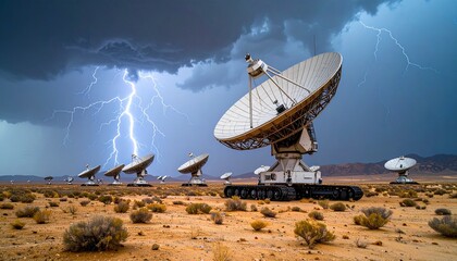 Radio telescope dishes under a stormy sky with lightning