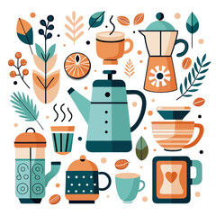 Cozy coffee and tea collection with botanical elements