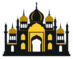 Stylized islamic mosque silhouette with golden domes and arches