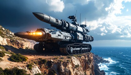 Futuristic rocket vehicle launching from a cliff by the sea