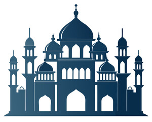 Silhouette of a grand mosque with multiple domes and minarets