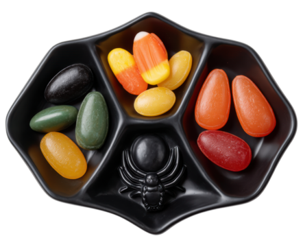 A black dish filled with colorful candy in various shapes, including jelly beans and candy corn, accompanied by a small black spider figurine.