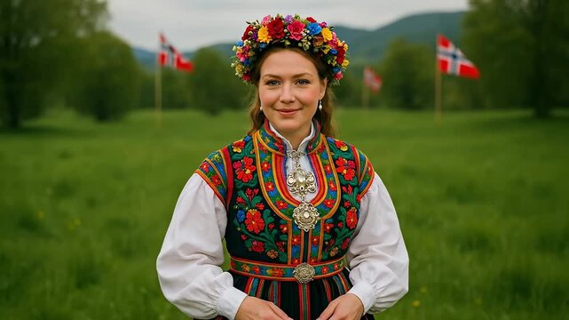 Smiling Woman in Traditional Norwegian Bunad Folk Dress with Floral Wreath, Celebrating National Heritage in a Lush Green Landscape with Flags
