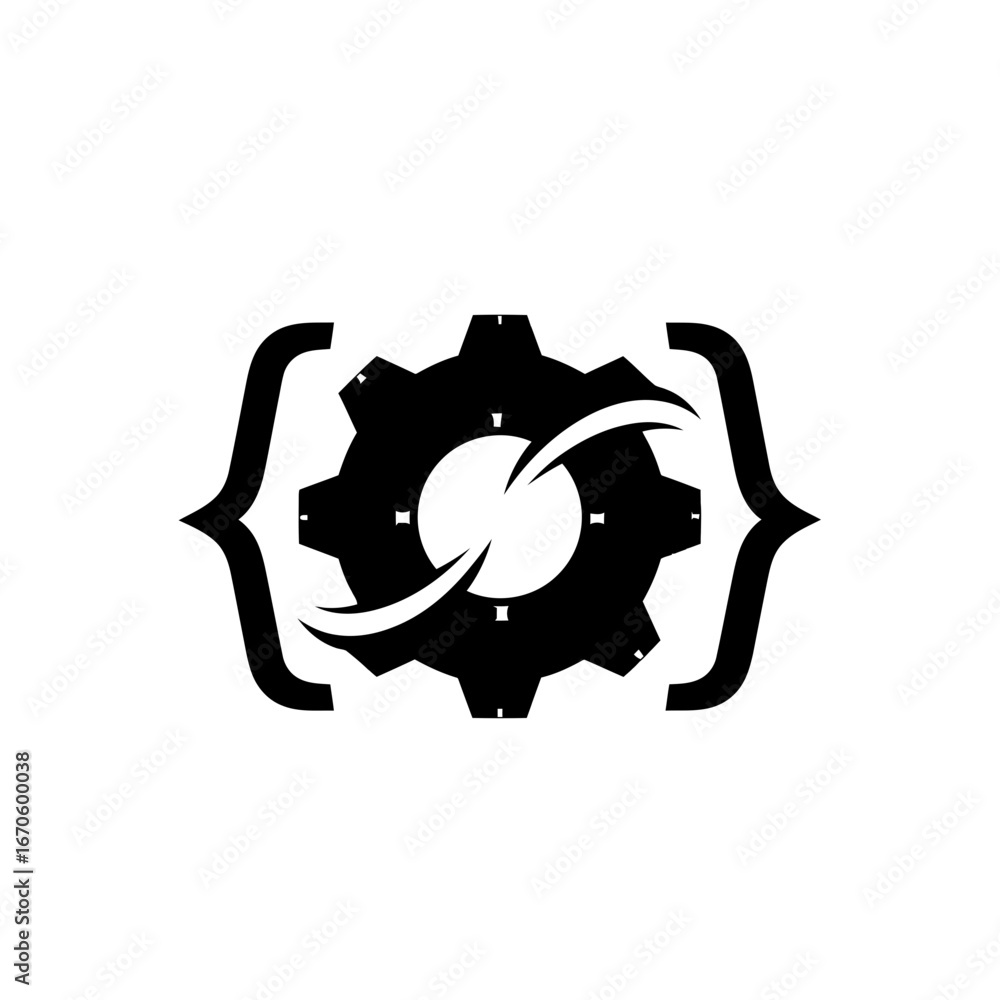 Poster black gear with two curved lines inside brackets on a white background view