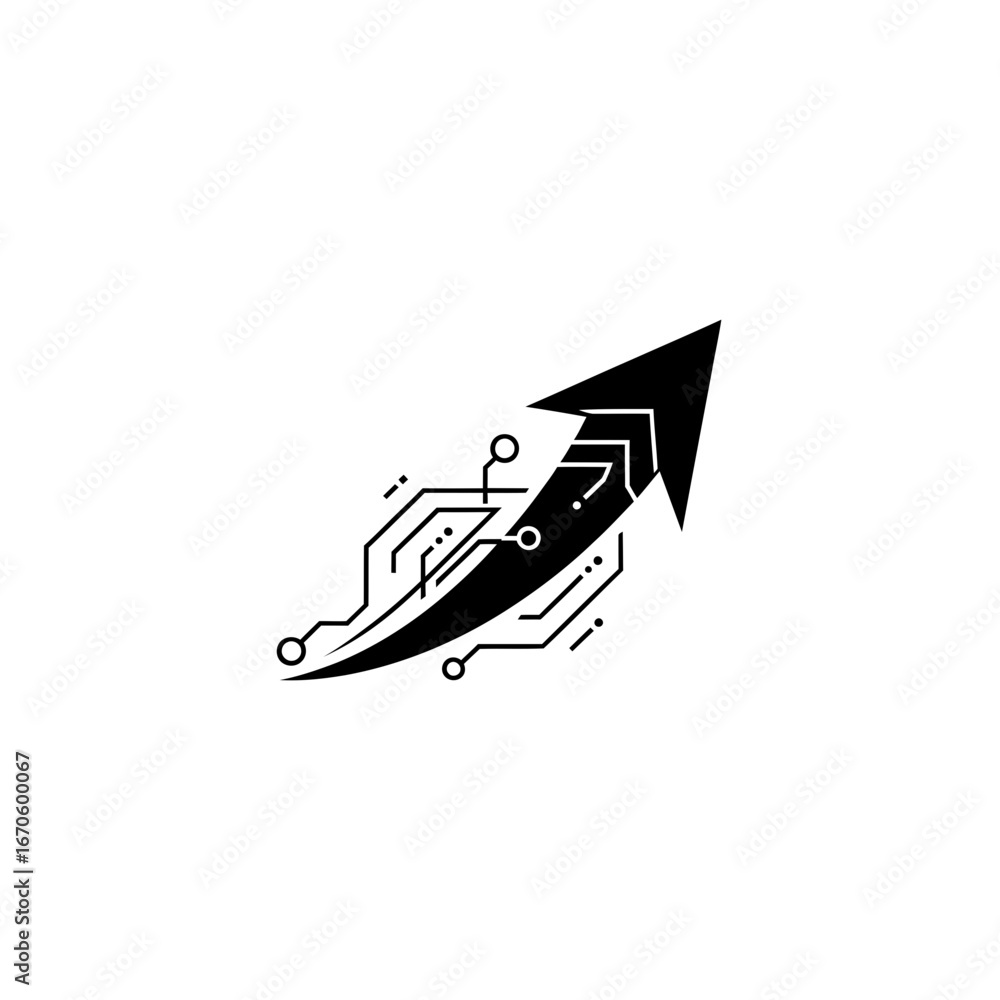 Poster black arrow pointing upwards integrated with a digital circuit design icon