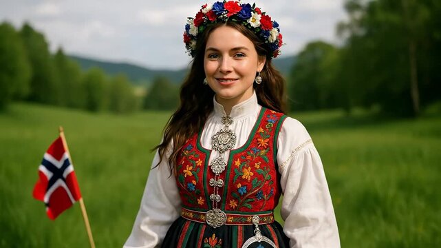 Portrait of a Beautiful Young Woman in a Traditional Norwegian Bunad Dress and Floral Wreath, Proudly Holding the Norwegian Flag in a Vibrant Green...
