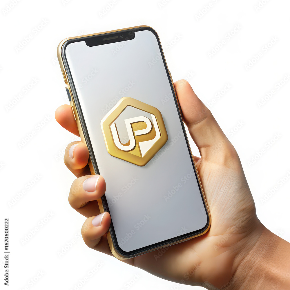 Poster close up of a hand holding a modern smartphone displaying a golden hexagonal logo with an upward arr