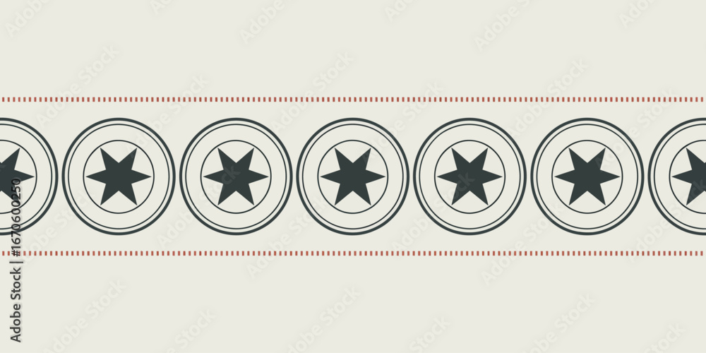Poster A repeating pattern of black stars inside circles with a red dotted line above and below the shapes