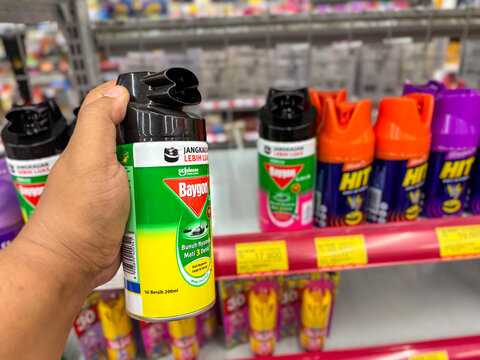 Hand holding Baygon insect repellent can in a retail store