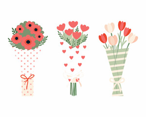 Three different styles of floral bouquets with decorative wrapping