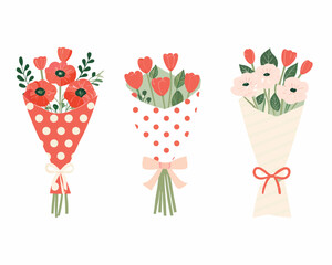 Three charming floral bouquets with decorative wrapping and bows