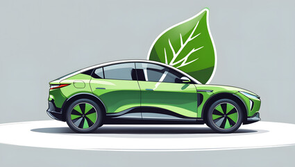 Green electric city car with leaf icon, eco-friendly transportation concept, sustainable urban mobility isolated clean vector illustration