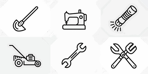 Fototapeta premium Collection of Utility Icons Featuring Gardening Sewing and Repair Equipment in Black and White Design