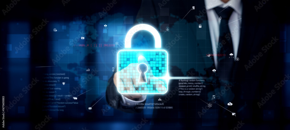 Poster cyber security protects against breaches, hacks, and network attacks using strong infrastructure and