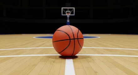 Naklejka premium Basketball on a court floor with hoop in background under spotlights