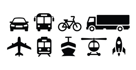 Transportation Silhouette Icon Set: Car, Bus, Bicycle, Truck, Airplane, Train, Boat, Helicopter, and Rocket in Bold Black Design