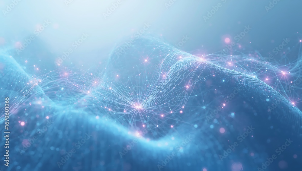 Aufkleber abstract blue digital wave with glowing particles and network connections, representing modern techn