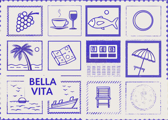 Collection of italian lifestyle icons in a scrapbook style