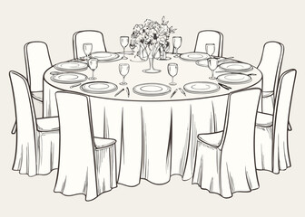 Elegant round dining table set for a formal event with floral centerpiece
