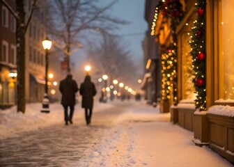 A winter city street illuminated with christmas lights, showcasing people strolling along a snowy sidewalk, with festive decorations adorning the buildings during the holiday season