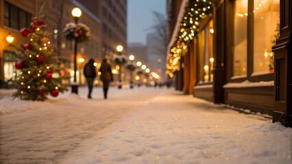 A snowy city street scene with christmas decorations, featuring a decorated tree, people walking on the sidewalk, and festive lights illuminating the buildings during the winter holiday season
