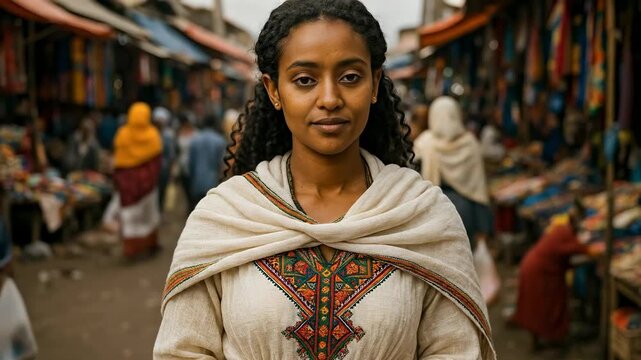 Elegant Ethiopian Woman in Traditional Habesha Kemis Dress, a cultural garment from Ethiopia, Posing in a Vibrant African Market