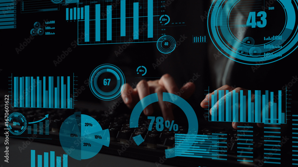 Poster captivating image showcasing hands typing on a keyboard surrounded by digital graphs and statistics,