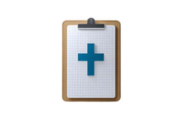 a medical clipboard design, with a blue plus symbol, showing a modern health illustration and an artistic and a clean design style.