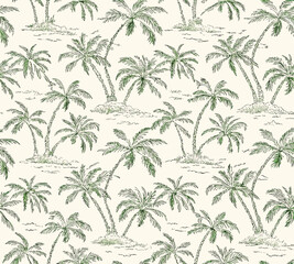 Seamless pattern of green palm trees on a cream background in a sketched style