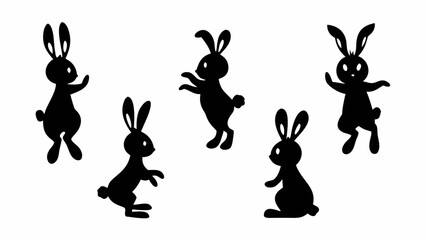 Five black silhouette bunnies in various playful poses on a white background