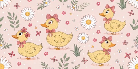 Cute Ducklings Floral Seamless Pattern Pastel Pink Background, Hand-Drawn Illustration, Spring Concept, Duckling, Flowers, Bow Ducklings, Spring