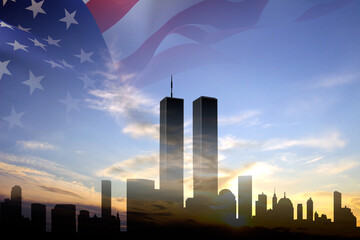 Silhouette of the New York skyline with Twin Towers against the sunset with USA flag. September 11,...