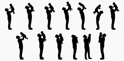 A collection of silhouette images depicting a father holding, lifting, and playing with his baby.