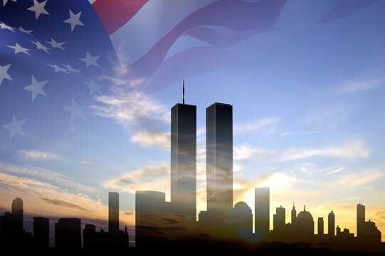 Silhouette of the New York skyline with Twin Towers against the sunset with USA flag. September 11, 2001. American Patriot Day banner. We will never forget